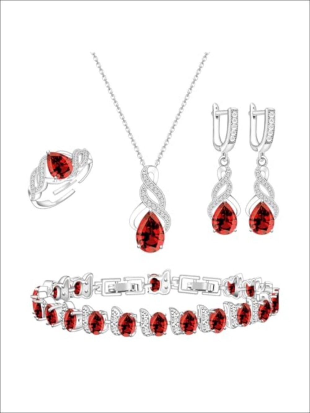White Gold Plated Teardrop Jewelry Set Necklace Earrings Ring Bracelet
